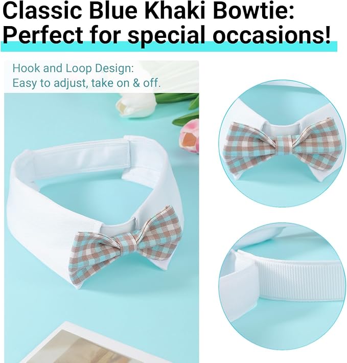 Segarty Dog Bow Tie Neck Girth 16.5-21.2in, Adjustable Blue Khaki Plaid Bowtie Collar for Extra Large Dogs, Pet Necktie Tuxedo Comfortable Cotton Grooming Accessory for Formal Wedding Holiday Birthday