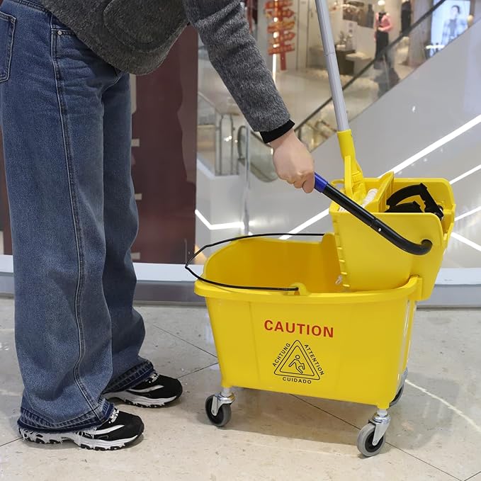 Commercial Mop Bucket with Side Press Wringer on Wheels, Including One Commercial Mop, 35 Quart, Yellow