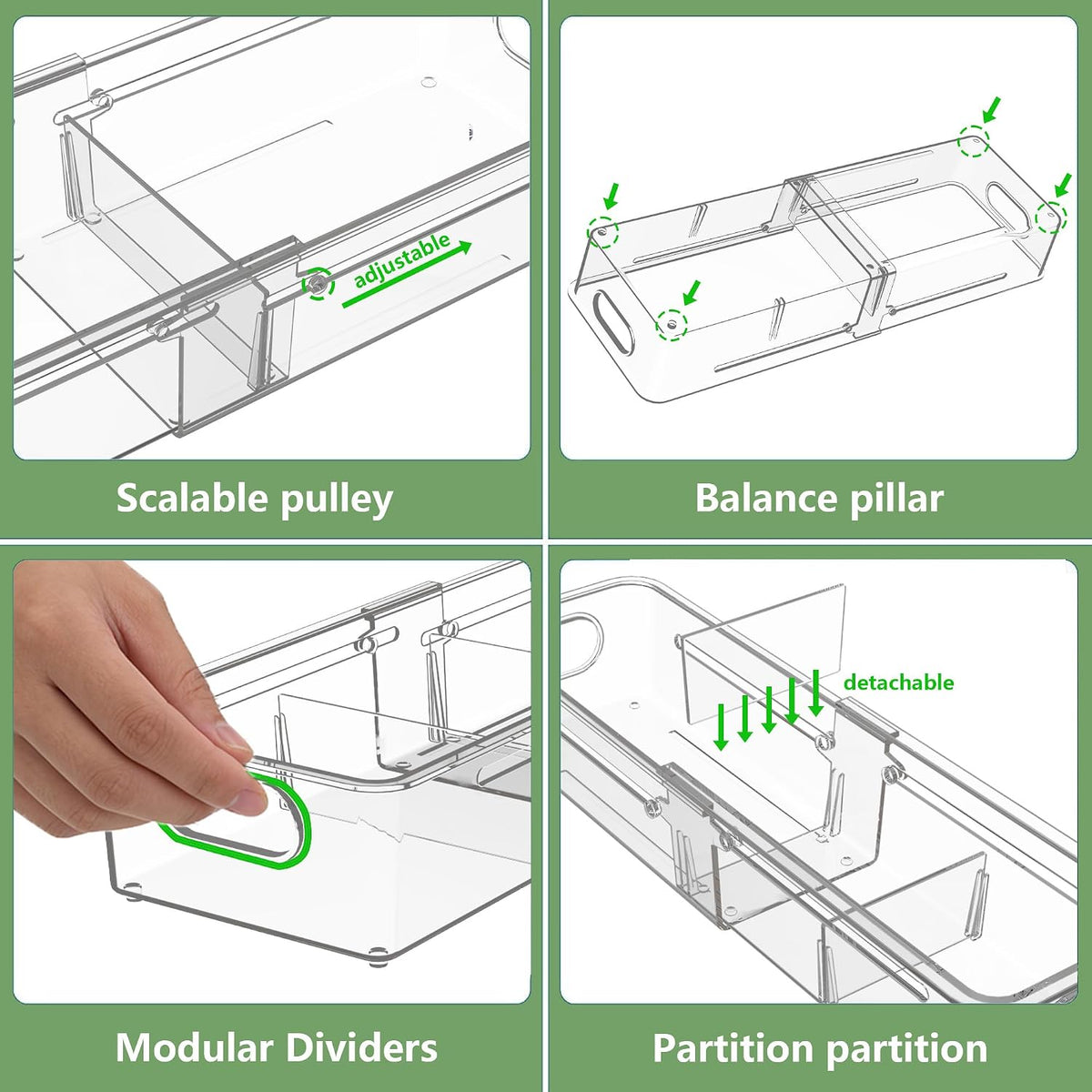 BLULEE 4-in-1 Expandable Drawer Organizer Set, Adjustable Clear Bins (8 Pack)