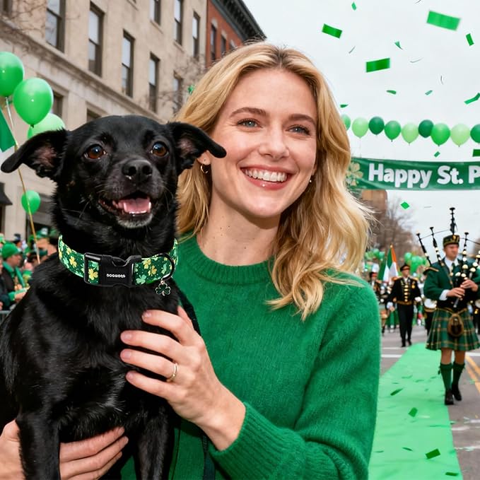 DOGWONG St Patrick's Day Dog Collar-Cute Green Clovers Dog Collars, Adjustable Shamrock Pet Collars Trefoil Puppy Collars with Quick Release Buckle for Girl&Boy Dogs,XS