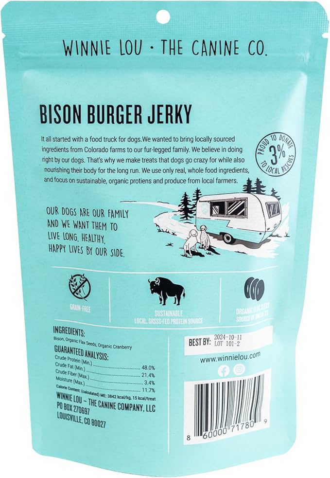 Winnie Lou Bison Burger Jerky Dog Treats – Limited Ingredient, Human Grade, Training Treats for Small, Medium & Large Dogs, USA Made, High Protein, Chews, Hypoallergenic, Sensative Stomach (1 Pack)