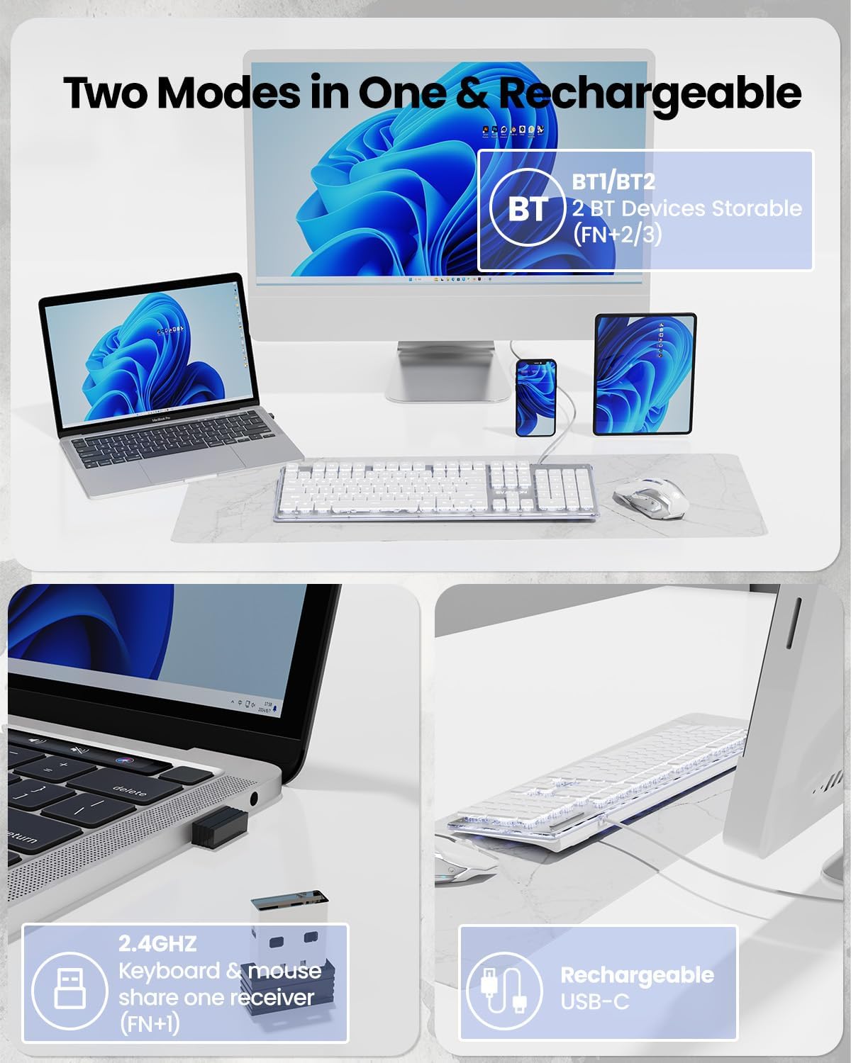 Wireless Keyboard and Mouse Combo with White Backlit, Rechargeable-White