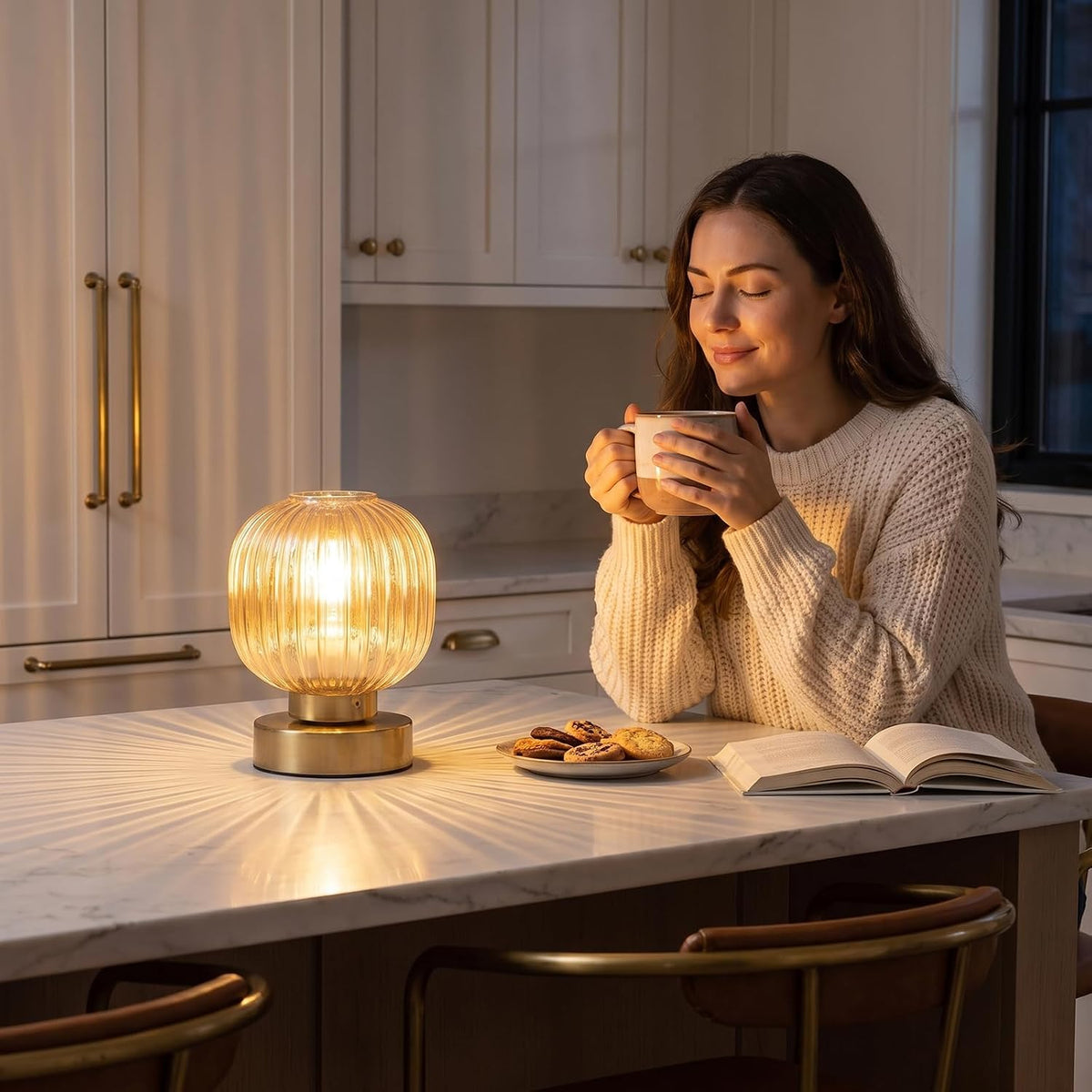 Elenhome Amber Touch Glass Table Lamp, 3-Way Dimmable Bedside Lamp, Vintage Mid-Century Modern Small Nightstand Lamp for Bedroom and Living Room, Ambient Mood Lighting, LED Bulb Included