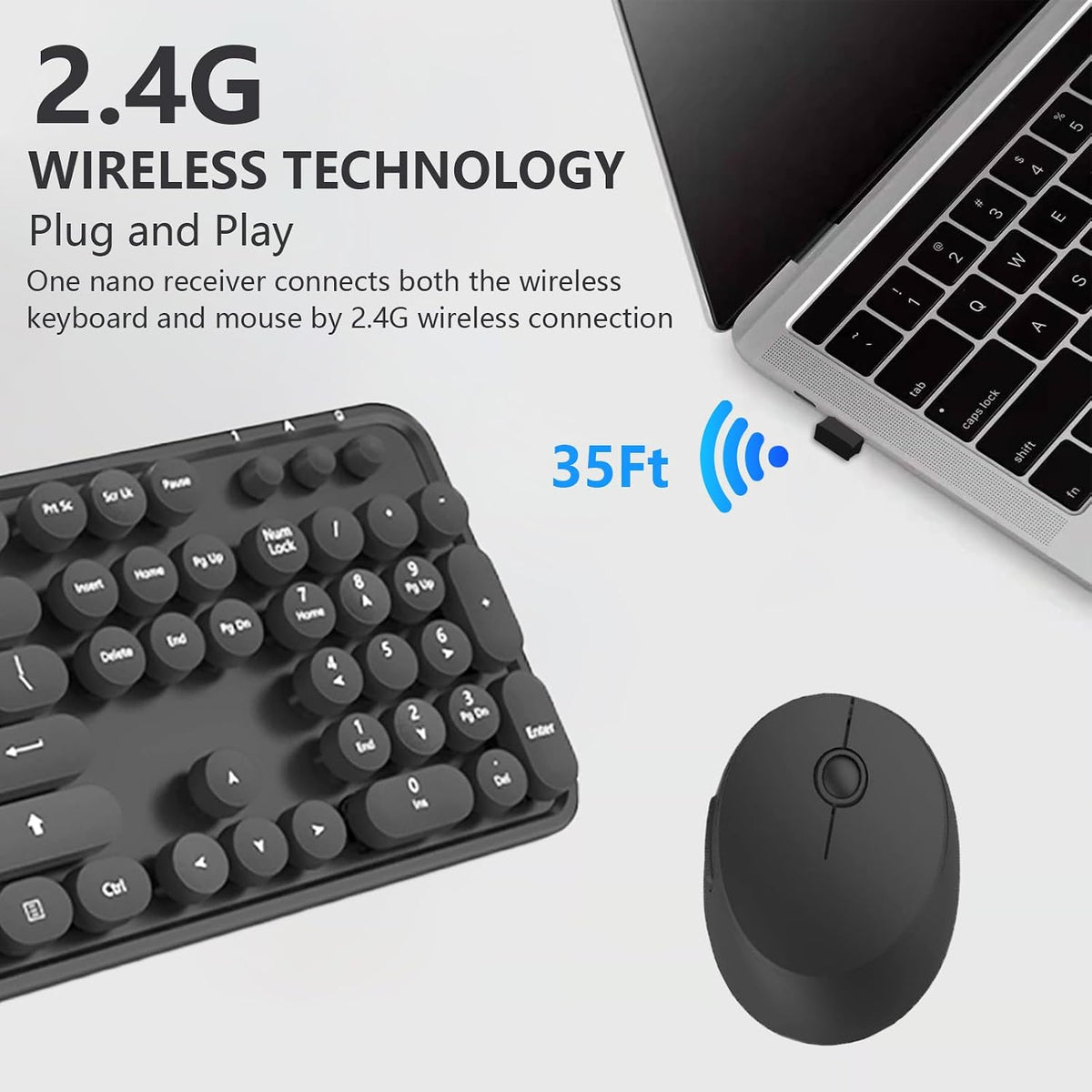 Wireless Keyboard and Mouse Combo, Retro Typewriter Style Keyboard with Round Keycaps, 2.4GHz Dropout-Free Connection Mouse with,Computer PC Desktops Laptop WindowsxP/7/8/10 (Black)