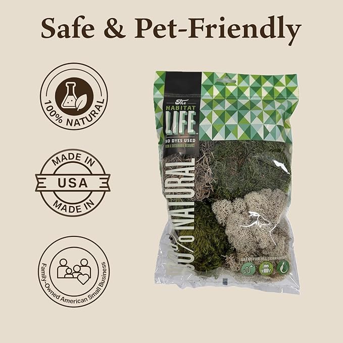 The Habitat Life - Natural Variety Pack - Mix of Reindeer, Mood, Sheet & Spanish Moss - for All Terrariums - Humidity Control - Breathable Bedding - Dye-Free & Safe - Small - 1 Pack