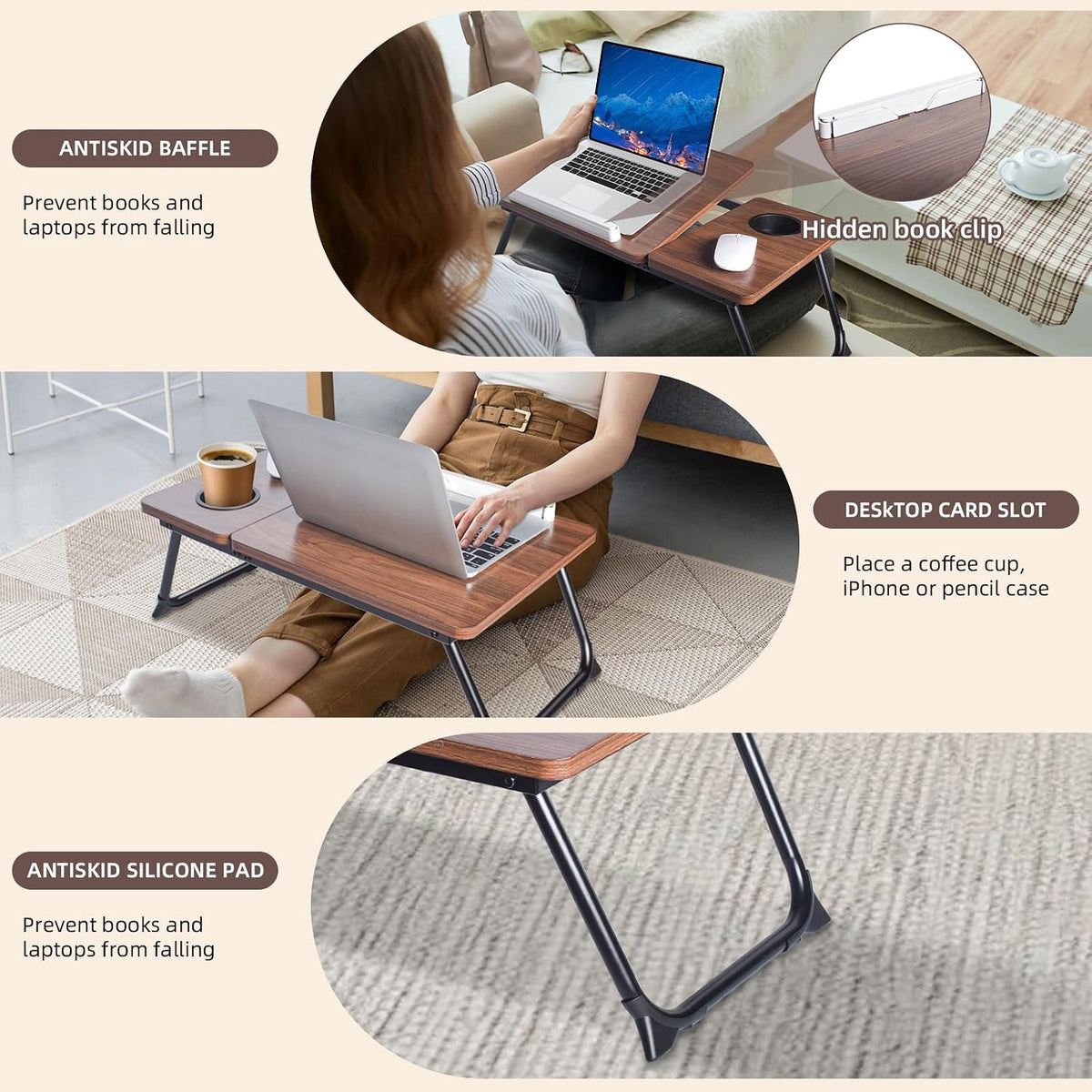 wishacc Lap Desk for Bed, Foldable Laptop Bed Tray Table with Independent Adjustable Tablet & Phone Stand, Portable Work from Couch Desk Tray with Mouse Area, Computer Laptop Holder for Recliner Sofa