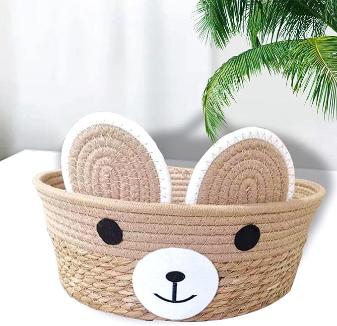 Pet Bed Woven Basket with Detachable Cushion Cartoon Bear Theme Basket Bed Dog Detachable Cushion Nest Pet Furniture