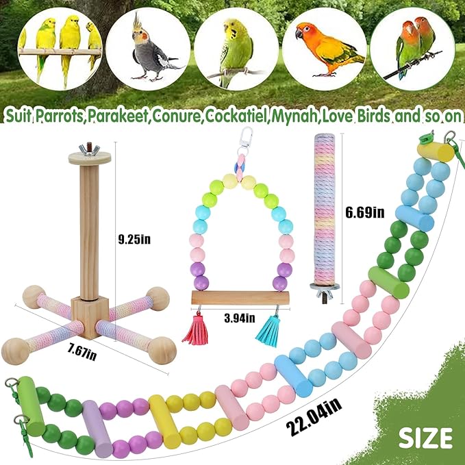 4 Pcs Parakeet Toys,Colorful Bird cage Accessories,Bird Swing,Chewing Wooden Perch, Bird Toy for Parakeets,Cockatiel