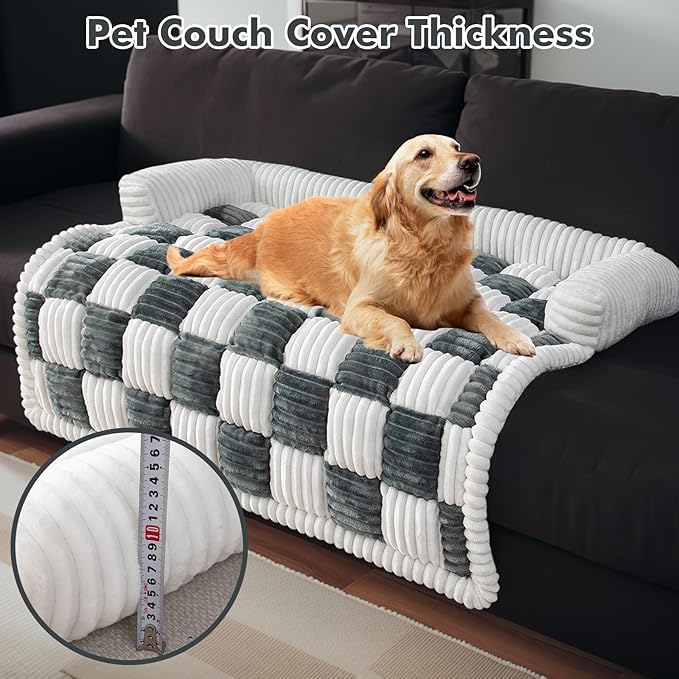 LiveGo Fuzzy Pet Couch Covers for Sofa, Dog Couch Cover Fuzzy Sofa Cover Cream Square Plaid Dog Bed Plush Dog Mat for Furniture Protector for Large Medium Dogs and Cats