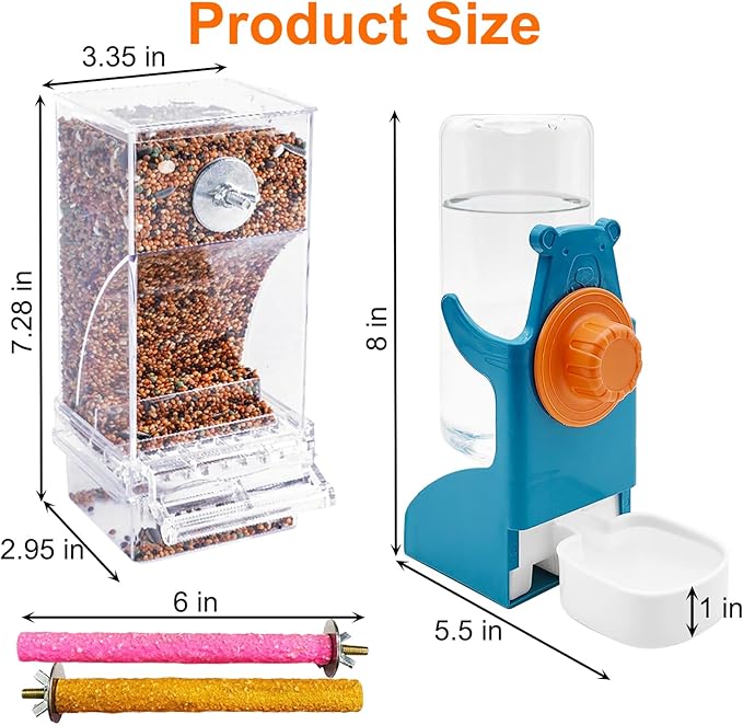 VCEPJH No Mess Bird Feeder with Water Dispenser, Automatic Parrot Feeder Drinker Parakeet Seed Dispenser Food Container with Cage Perch for Lovebirds Conures Budgies Canary Finch (4Pcs)