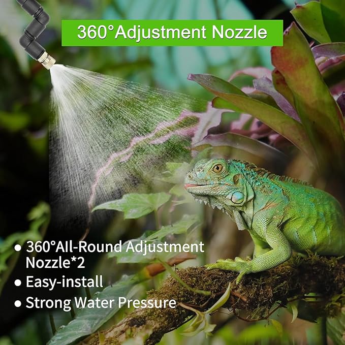 reptile humidifier, LCD with timing function, time length and interval can be set, reptile mister system with 2 spray nozzles, misting system for reptiles of amphibians, tanks, Paludarium