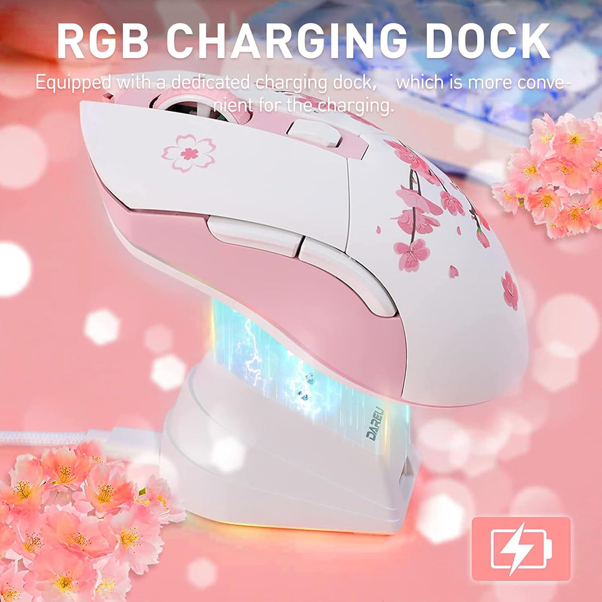 DAREU Sakura Pink Wireless Gaming Mouse with Charging Dock Rechargeable RGB,12K DPI,6 Programmable Buttons High-Precision Sensor [300IPS] [1000Hz] for PC Notebook Mac