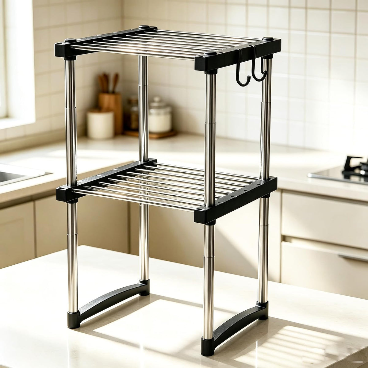 BLULEE Expandable Cabinet Organizer, Adjustable Storage Shelf Black