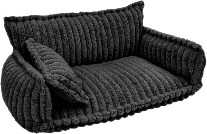 Pet Couch Bed for Dog and Cat, Plush Calming Couch for Pets with Removable Washable Cover, Modern Sofa Style Pet Bed for Home Living Room (Dark Gray)