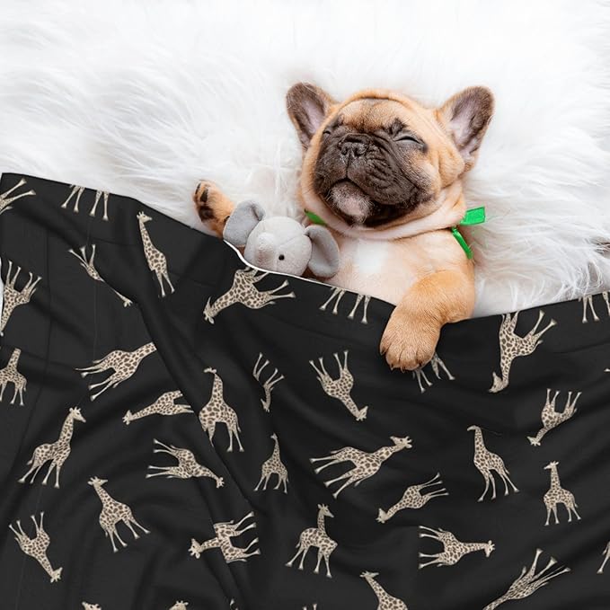 Reversible Plush Throw for Dogs and Cats, Giraffe Leopard Print On Black, Double Sided Blanket with Nubby Dot Side and Sleek Side Ideal for Cuddling Nesting Security