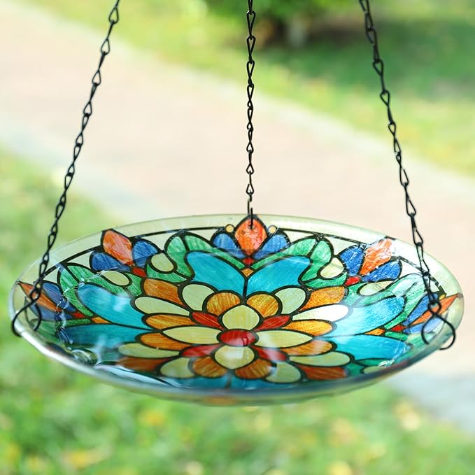 MUMTOP Hanging Bird Bath-Bird Baths for Outdoors - 12 Inch Glass Bird Water Bowl Bird Feeders for Outside, Garden, Lawn Yard Decor
