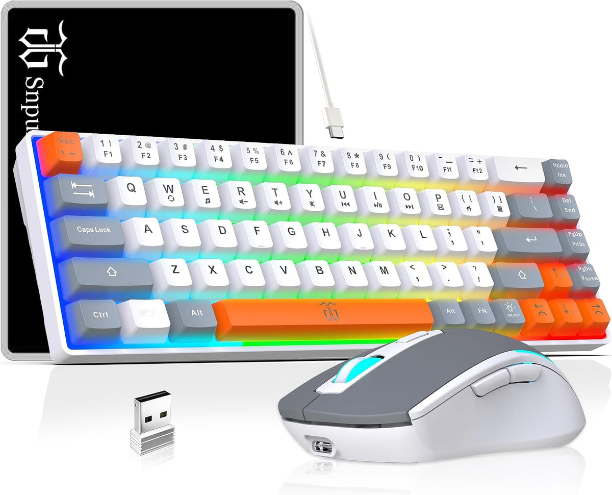 Snpurdiri 60% Wireless Gaming Keyboard and Mouse Combo (Gray-White-Orange)