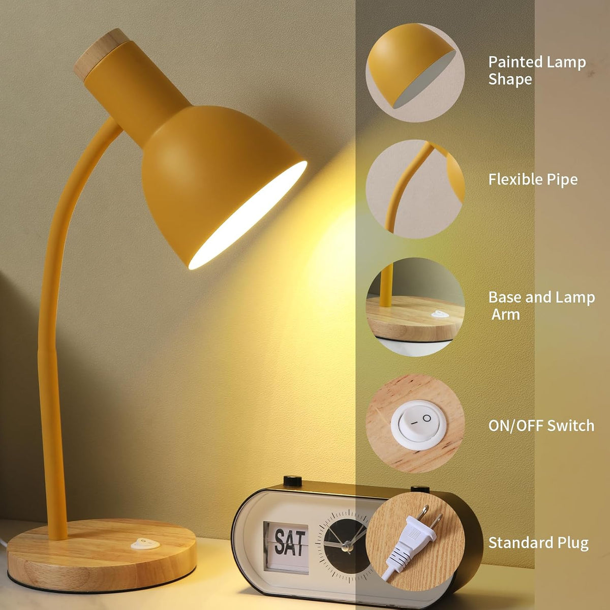Adjustable Wooden Desk Lamp,Metal Shade Flexible Neck Table Lamp