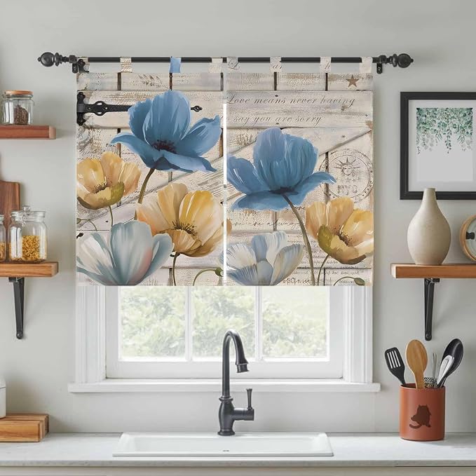 Blue Yellow Tulips Bedroom Curtains 63 Inch Length, Window Curtains Tab Top