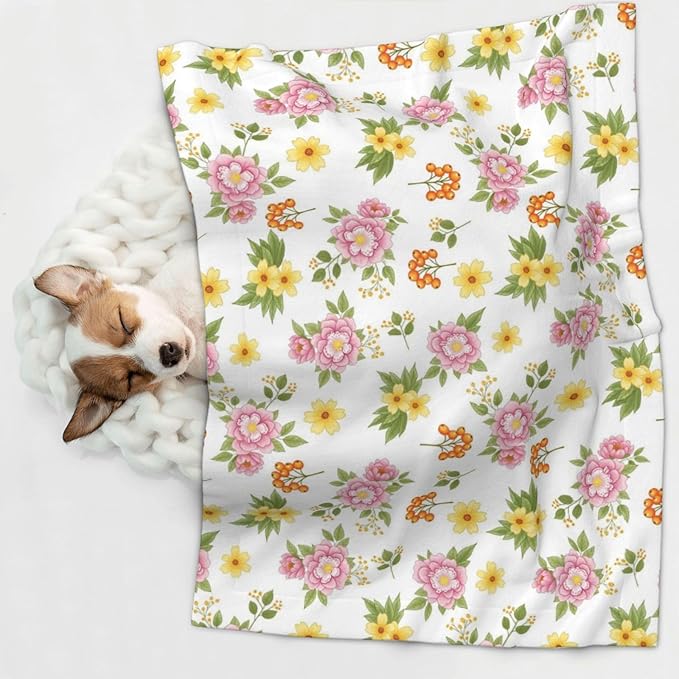 Double Sided Pet Throw for Dogs Who Shed, Colorful Rowan Berries Blossoming Spring Poppies Pattern, Reversible Blanket with Nubby Dot Side Catches Loose Fur for Easier Furniture Cleanup