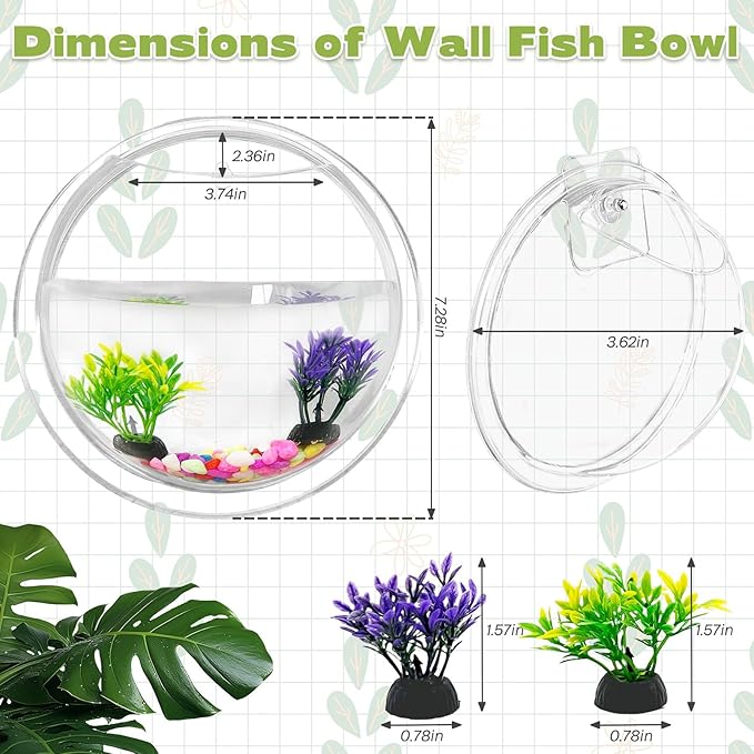 kathson Wall Fish Bowl Acrylic Hanging Aquarium Wall Mounted Bubble Betta Fish Tank Bowl Decor Plant (7.28in)