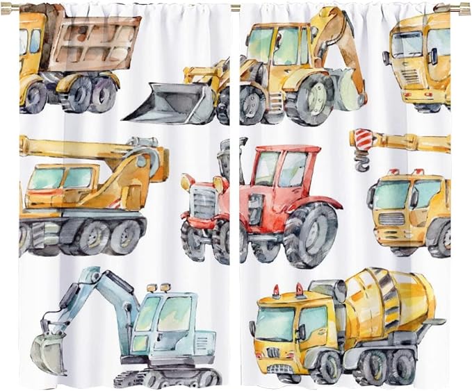 Kids Excavator Curtains, Retro Truck Tractor Machinery Construction Vehicle