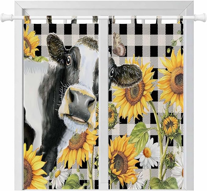 Retro Sunflowers Bathroom Curtains 63 Inch Length, Window Curtains Tab Top