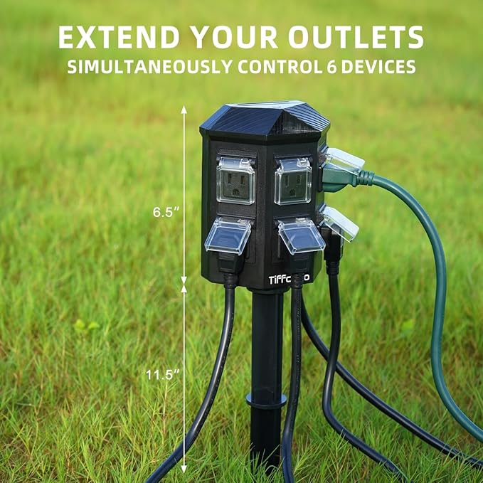 TiFFCOFiO Outdoor Power Strip with Stake Waterproof, 90 FT Extension Cord, 6 Grounded Outlets for Outdoor Lights, 14 AWG, 15A/1875W, ETL Listed