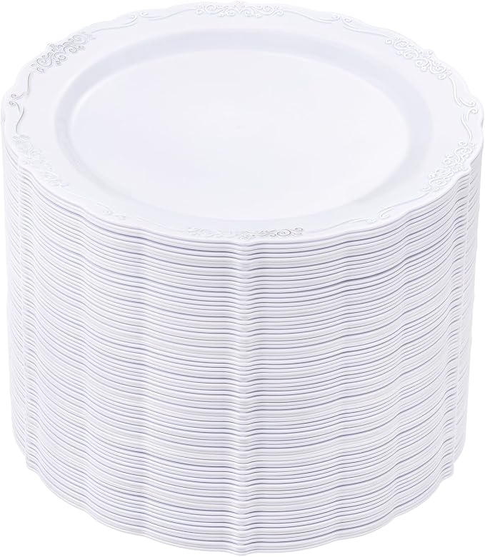 DaYammi 60PCS White and Silver Plastic Plates, Heavy Duty White and Silver