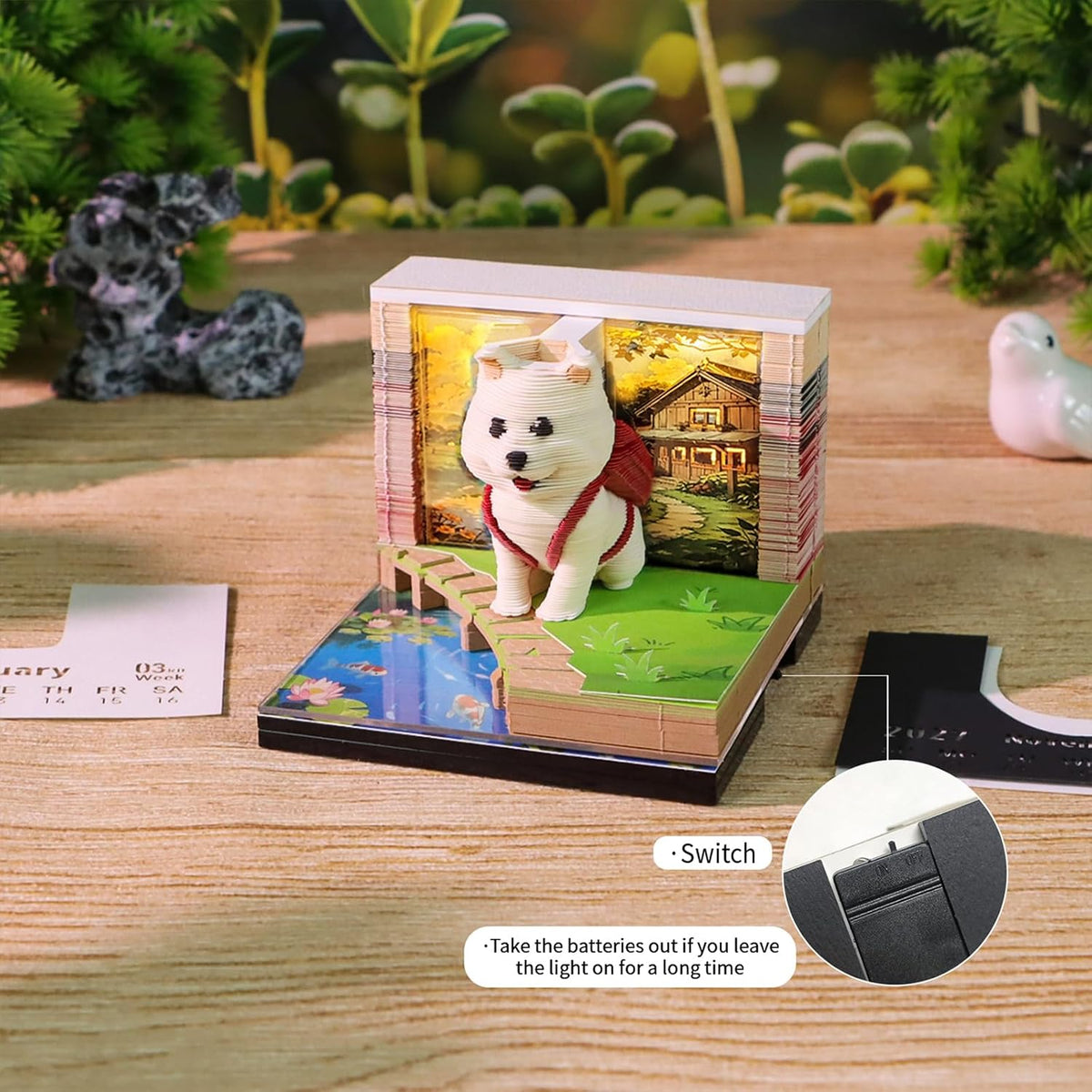 3D Calendar 2027, Desk Time Piece Calendar 2027,Tear-Away 3D Paper Art Notepad w LED Lights,Creative 3D Memo Artsy Pad Calendars, DIY Paper Carving Gift (Backpack Dog)