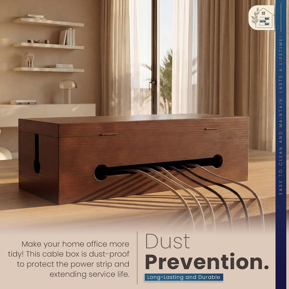 Solid Wood Cable Management Box - Large Cord Management Box Organizer; Cord Hiding Box for Desk; Wooden Storage for Chargers, Charging Station; Surge Protector, Power Strip