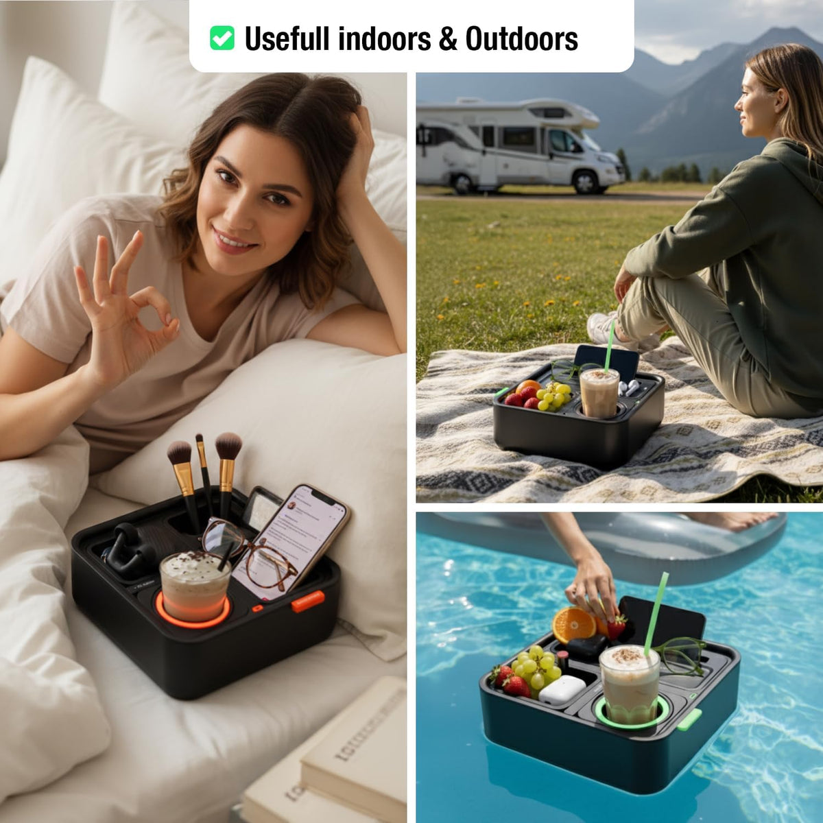 CouchConsole Original Tray - Drinks & Snacks Sofa Caddy with Armrest, Table with Phone Stand- TV Remote Control Storage and Organizer - for Living Rooms, RV, and Cars, Black/Green