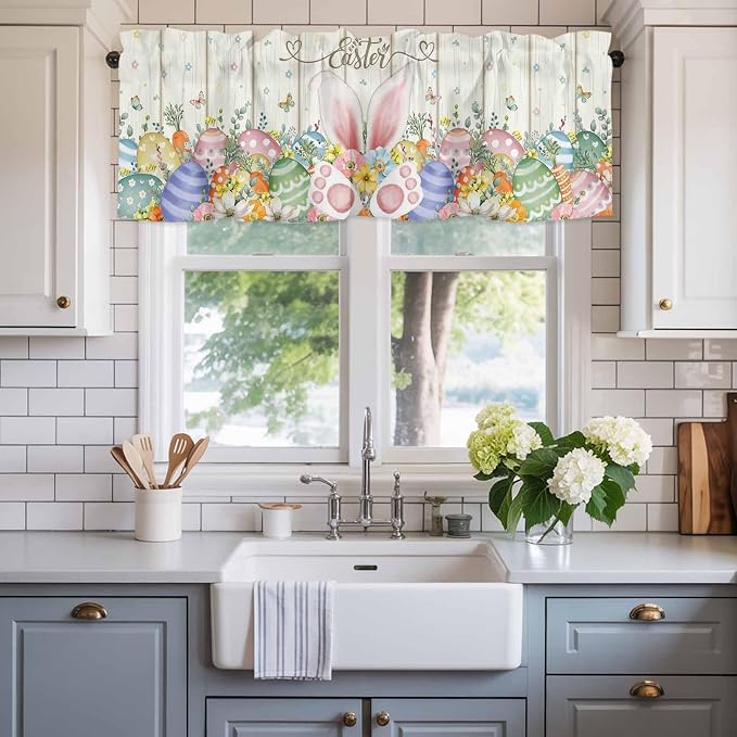 Happy Easter Curtain Valances for Windows, Kitchen Valance Window Treatment