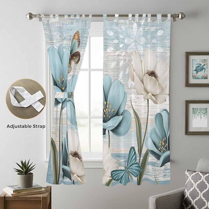 Spring Floral Living Room Curtains 84 Inch Length, Window Curtains Tab Top