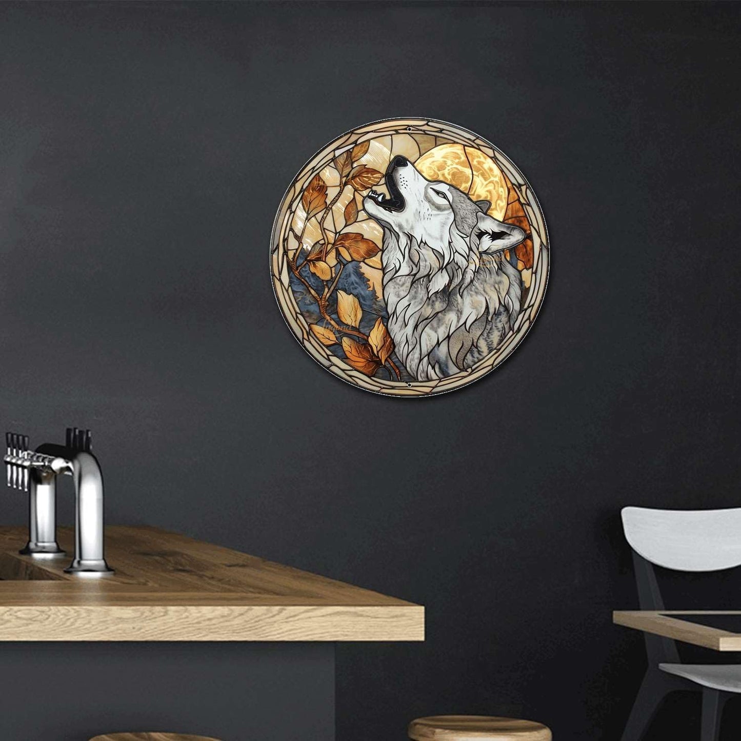 Lygond Metal Sign Tin Sign Circular Stained Glass Gray Wolf Bathroom Signs for Home for Club 12×12 Inches