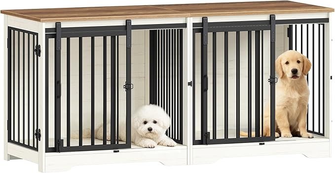 54" Dog Crate Furniture for 2 Dogs, Double Dog Cage with Divider, Wooden Heavy Duty Dogs Kennel, Pet Cage with Barn Door, TV Stand for Large Small Medium Pet, White Brown DFC88314B