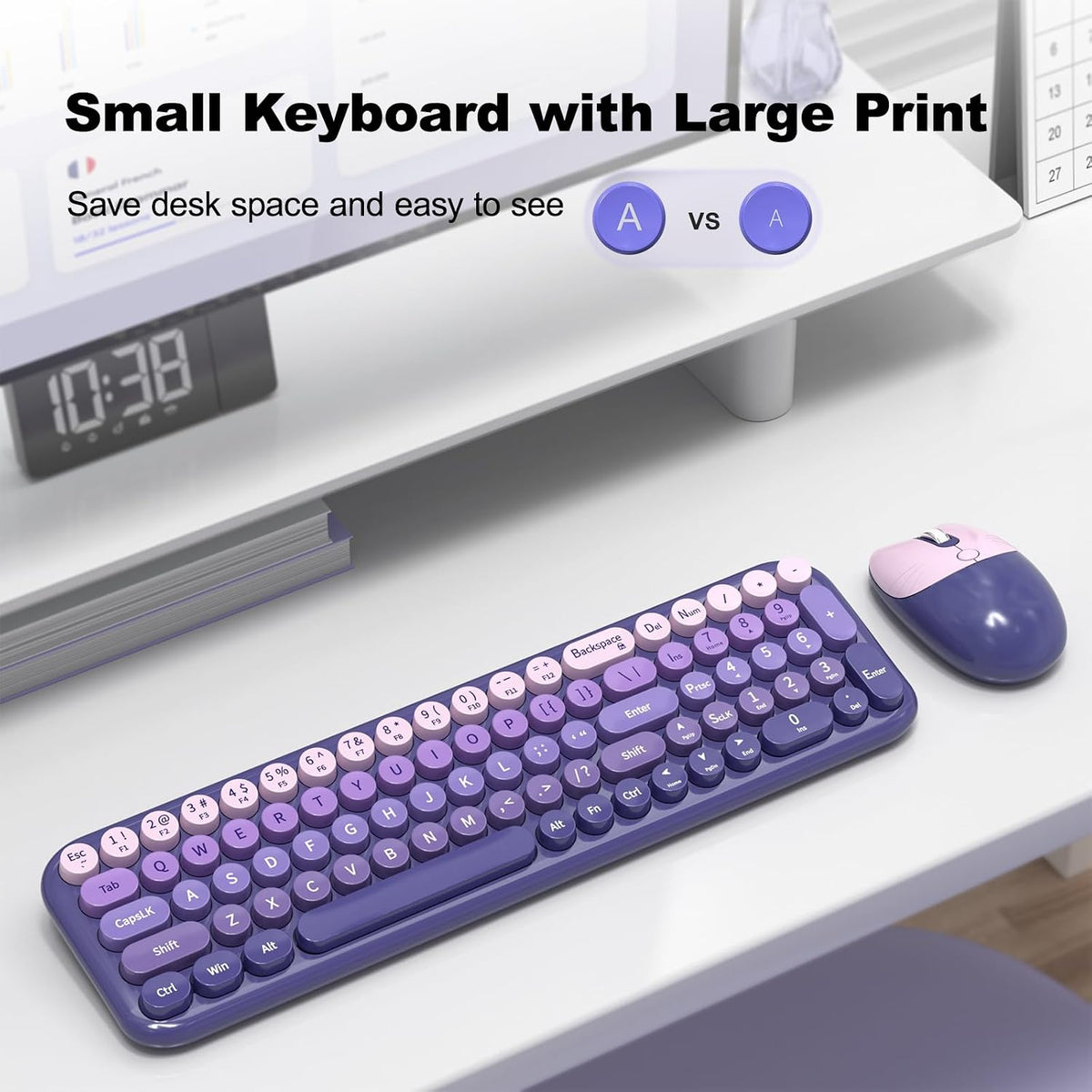 Wireless Keyboard and Mouse Combo, MOWUX Compact Typewriter Retro Round Computer Keyboard, Cute Optical Mouse Wireless, Plug and Play, for Laptop, PC, Computer- Purple Gradient