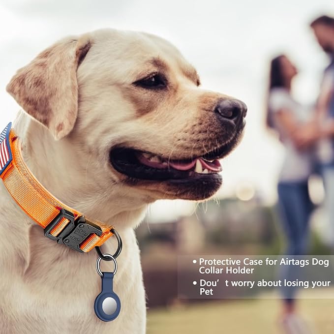 DAGANXI Tactical Dog Collar, Adjustable Military Training Nylon Dog Collar with Control Handle and Heavy Metal Buckle for Medium and Large Dogs, with Patches and Airtags Case (Orange, XL)