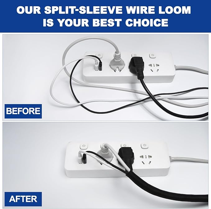 Split-Sleeve Wire Loom for High-Temperature Automotive Harness and Home Cable Management, 25ft - 1/4 inch Braided Cable Management Sleeve Cord Protector, Self-Wrapping Split Wire Loom