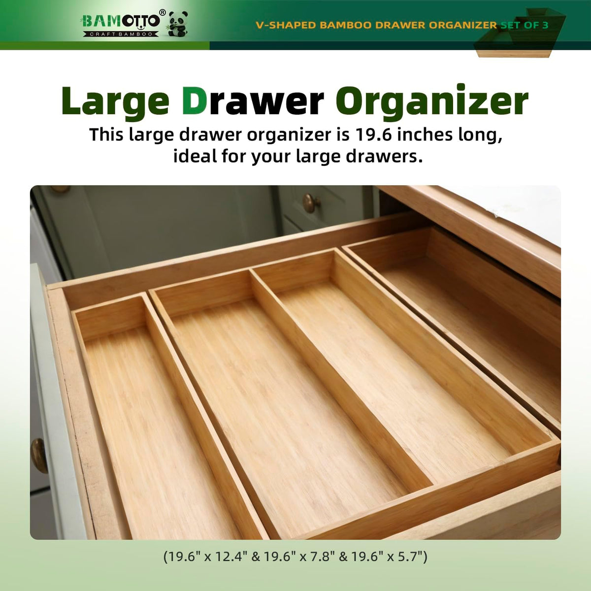 BAMOTTO CRAFTBAMBOO Large Long V-Shaped Bamboo Drawer Organizer Set of 3