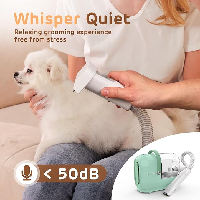 Dog Grooming Vacuum Kit - 3L Vacuum with 7 Tools, Low Noise Electric Clipper and Brush for Pet Shedding at Home, Green