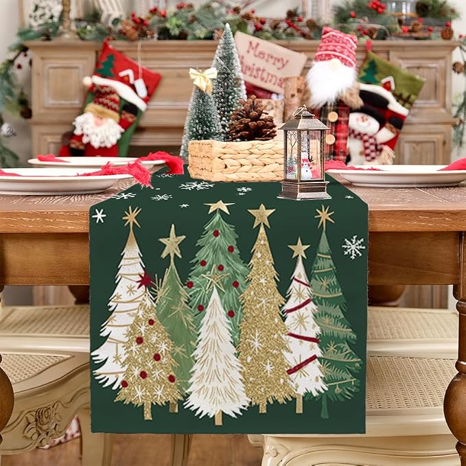 Christmas Table Runner 13x120 Inch, Xmas Trees Snowflakes Holiday Decorative