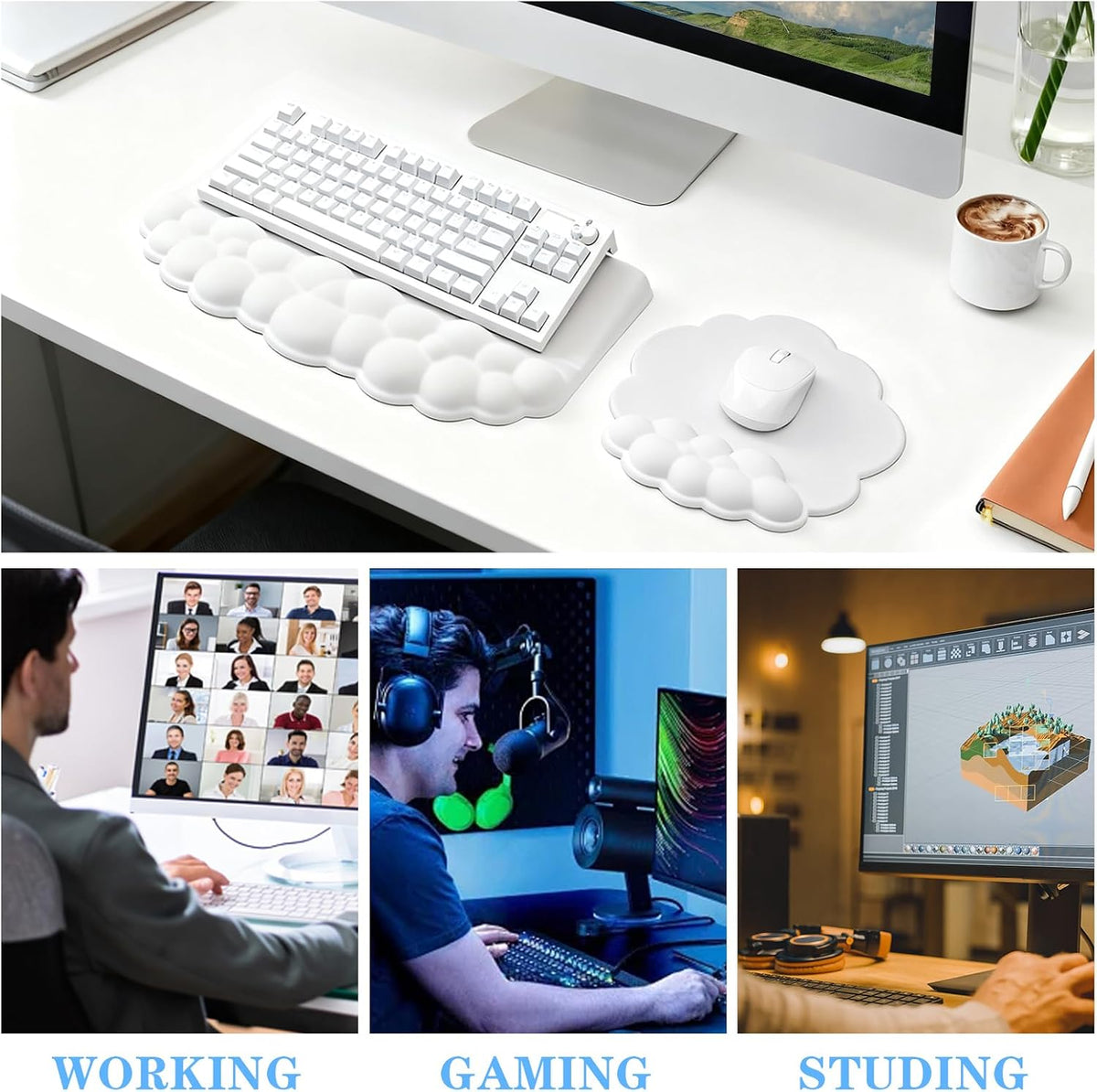 Computer Keyboard Stand with Wrist Rest, Ergonomic Tilted Keyboard Holder - Keyboard Riser with Wrist Pad - Keyboard Tray Support for Office Home -Cloud White Set