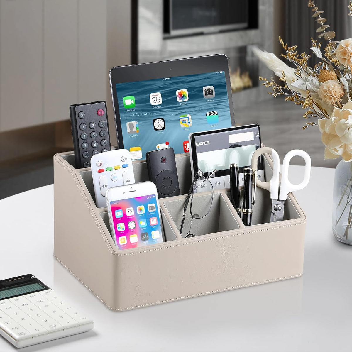 PU Leather Desk Organizer, Remote Control Holder (Dark Beige)