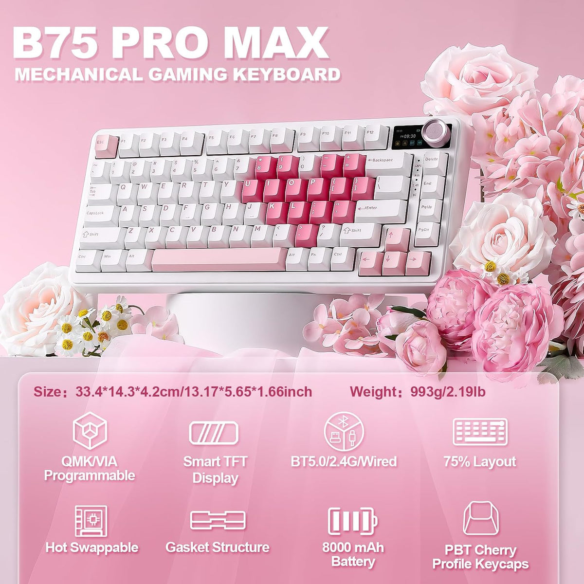 YUNZII B75 PRO MAX 75% Mechanical Keyboard (White Heart,Candy Switch)