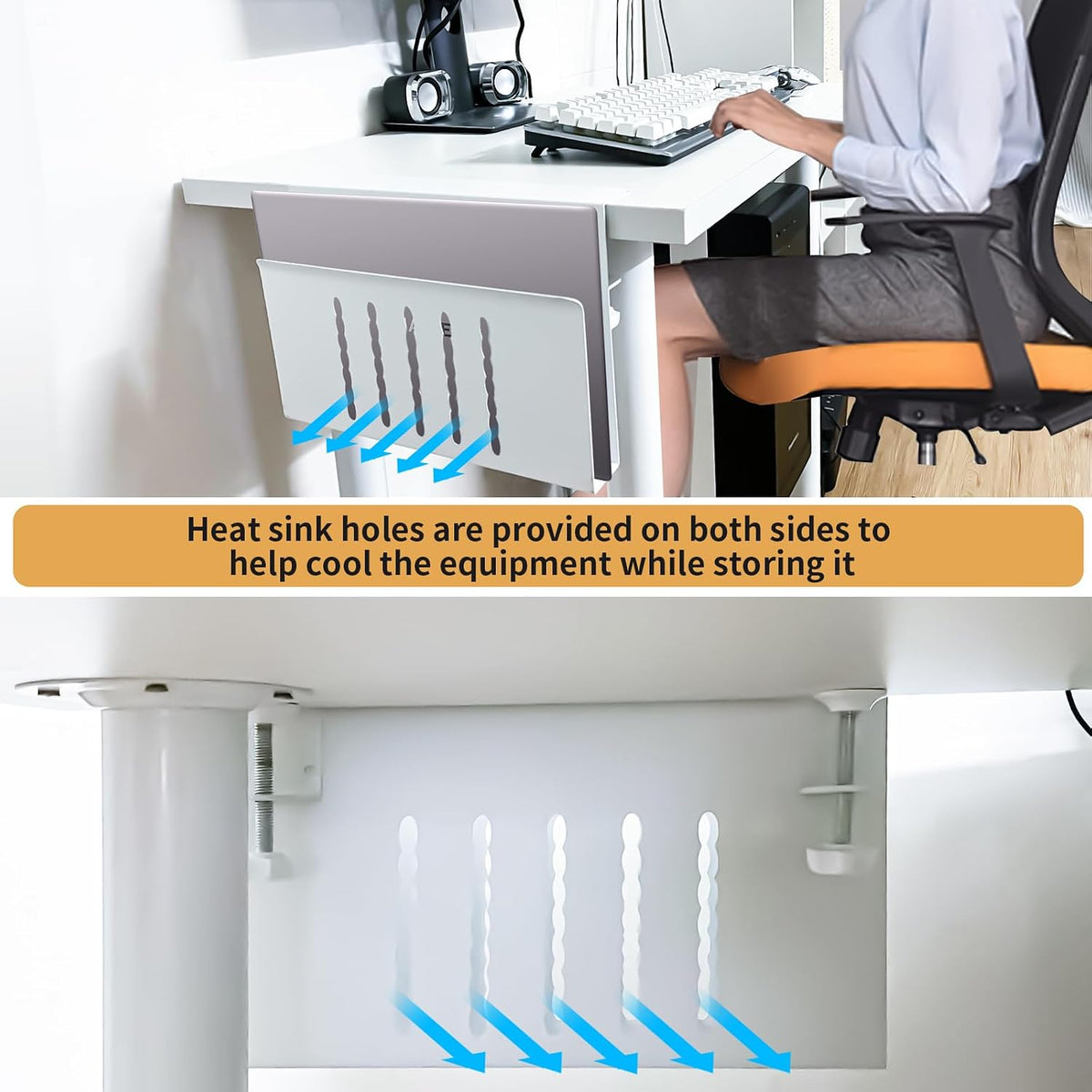 Desk Side Storage, Under Desk Storage, No Drill Steel Hanging Desk Organizer, Laptop Holder, Table Hanging Storages Holder for Office & Home (White)