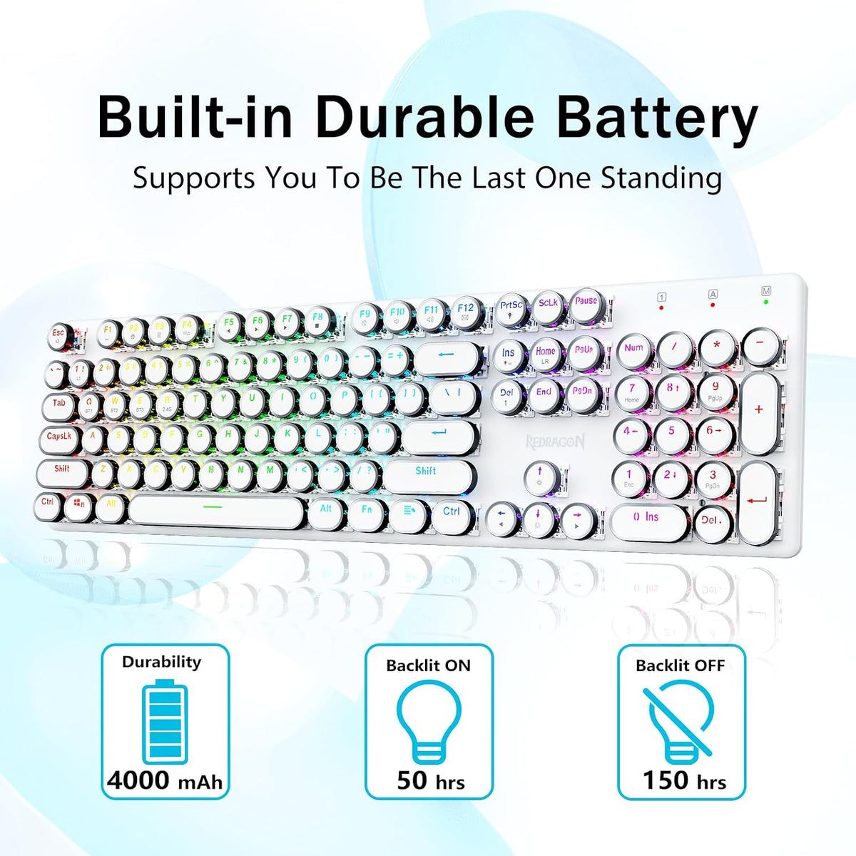 Redragon K710 Wireless Typewriter Mechanical Gaming Keyboard, White