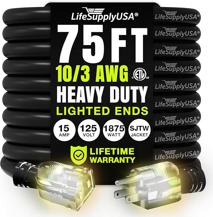 75ft Outdoor/Indoor Extension Cord 10/3 Gauge Ultra Heavy Duty 3 Prong SJTW, Waterproof, ETL Listed, Flexible Cold-Resistant Long Power Cord,15A 125V 1875W, Black by LifeSupplyUSA