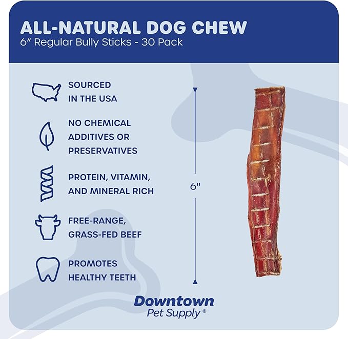 Downtown Pet Supply USA Sourced Bully Sticks for Dogs - Grass-fed Beef Chews, Low-Odor & Rawhide-Free, Long Lasting Dog Treats - Healthy, Safe & Delicious Chews (6" 30 Pack)
