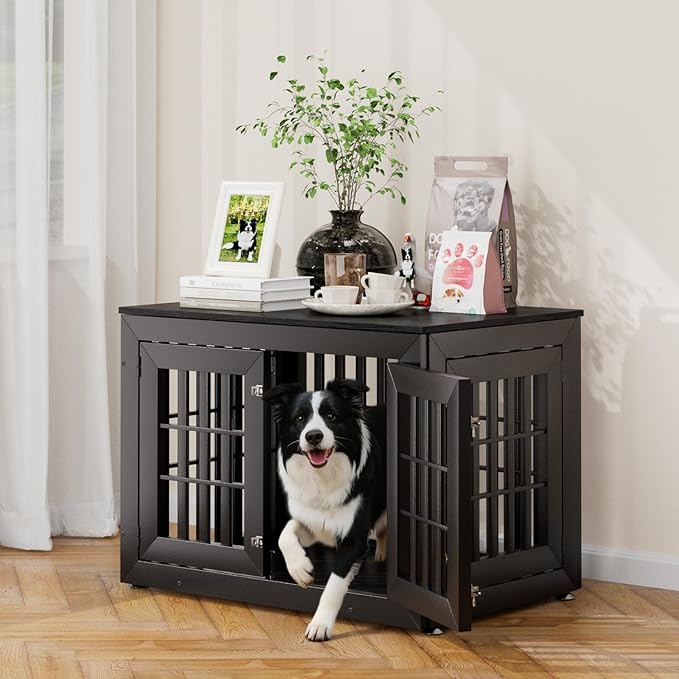 38" Heavy Duty Dog Crate Furniture for Small,Medium and Large Dogs,Rustic Wooden Dog Cage Kennel Indoor Furniture with Waterproof Top,Decorative Pet House Side End Table (Black)